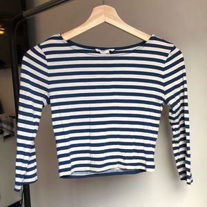 Blue and white striped 3/4 sleeve crop
